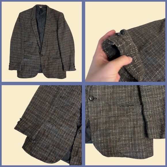 Vintage 1970s charcoal sports coat by Barrage, plaid 70s black/beige jacket - Picture 2 of 7